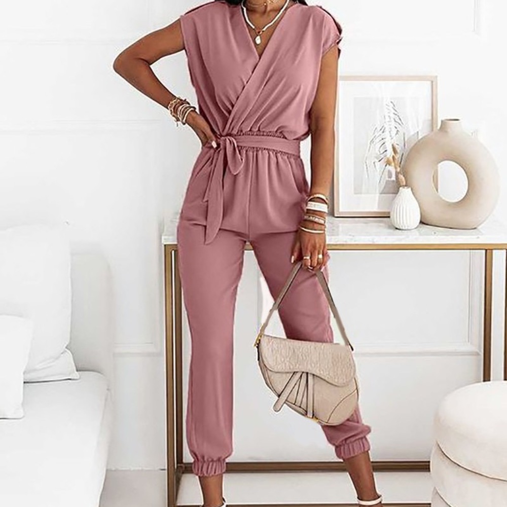 Tied Detail Ruched Short Sleeve Casual Jumpsuit